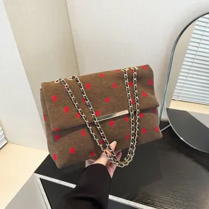 Casual brown corduroy shoulder bag with embroidered strawberry patterns for women