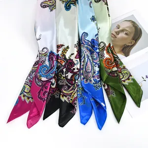 Bright satin silk scarves with paisley prints in various colors for stylish women