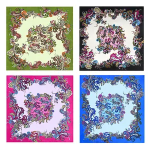Collection of bright satin square scarves with colorful paisley patterns in four colors