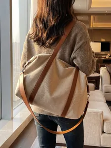 Large Capacity Vintage Canvas Tote Bag For Women Retro Minimalist Commuter Shoulder Bag Synthetic Leather Straps Travel Handbag