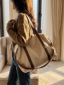 Large capacity vintage canvas travel tote bag with brown leather handles for women
