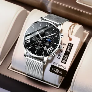 CRNAIRA Men Business Quartz Watch Waterproof Luminous Chronograph Calendar Metal Mesh Leather Strap Casual Wristwatch Gift