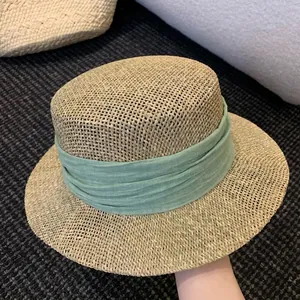 French Flat Top Straw Hat For Women Paper Straw Sun Protection Wide Brim Ribbon Decor Mori Style Beach Vacation Summer Hat