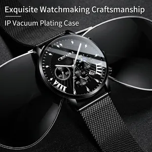 Luxury black CRNAIRA men's business waterproof quartz watch placed on sunglasses