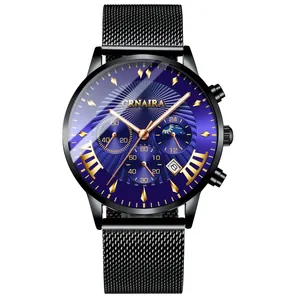 CRNAIRA business men's quartz watch featuring a sunburst blue dial and black mesh strap