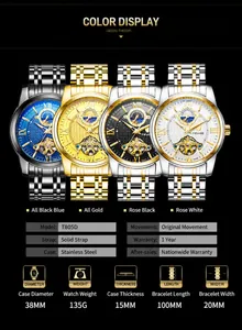 Technical specs and color variants of TEVISE men's automatic mechanical watch