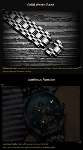 Detail view of TEVISE automatic men's watch showing solid steel strap and luminous hands
