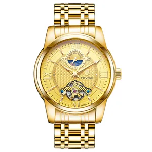 Luxury TEVISE men's automatic mechanical watch with gold finish and open heart dial