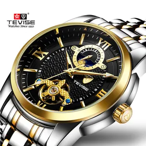 Luxury TEVISE men's automatic mechanical watch with gold-tone stainless steel band