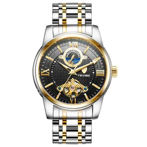 Luxury TEVISE men's automatic mechanical watch with silver and gold stainless steel strap