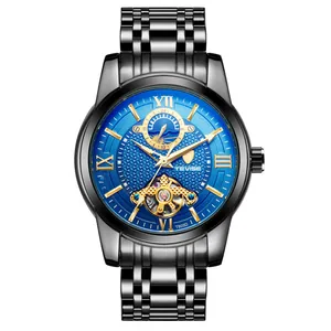 TEVISE men's automatic mechanical watch with blue sun-moon dial and black steel strap