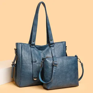 Blue vintage leather large capacity tote and shoulder bag set for women commuting