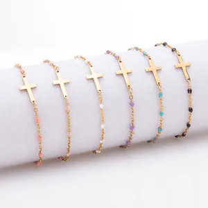 Bracelet de Cheville Croix en Acier Inoxydable Plaqué Or 18K Perles en Émail Coloré Style Religieux Bijoux Ajustables Femme