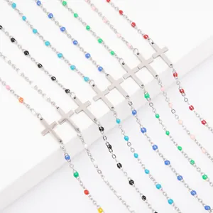 Bracelets en acier inoxydable à perles émaillées colorées avec croix
