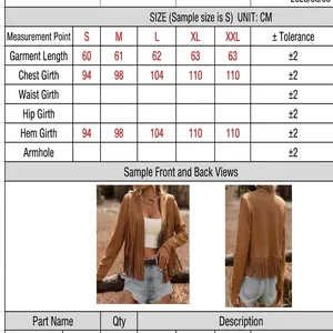 Größentabelle und Details einer braunen Fransenweste aus Wildlederimitat für Damen