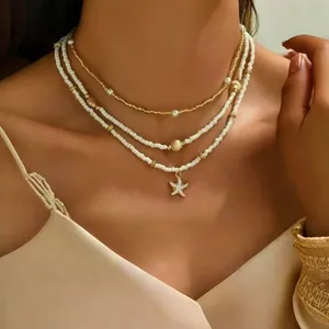 Collar en Capas Estilo Océano para Mujer Con Colgantes de Estrella de Mar Concha Perla Artificial Joyería Bohemia Dorada