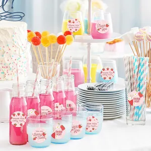 Strawberry Thank You stickers on party glassware and dessert jars for decoration