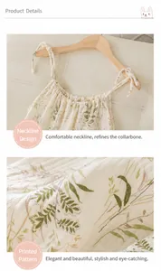 Close-up of delicate floral print and pleated neckline on cotton gauze nightgown