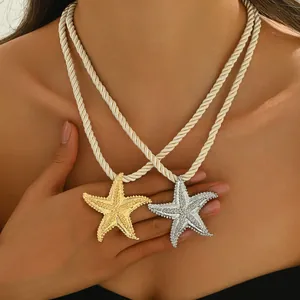 Semplice Collana con Ciondolo a Stella Marina per Donna in Lega di Zinco Placcato Oro 16K Catena in Corda Intrecciata Gioielli Spiaggia