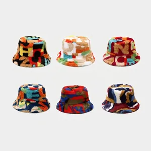 Colorful Letter Number Print Faux Fur Bucket Hat Warm Autumn Winter Plush Basin Hat For Women Outdoor Fashion Streetwear