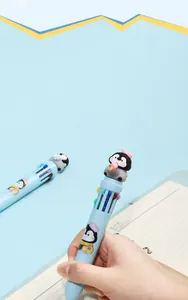 Vue détaillée d'un stylo à bille 10 couleurs bleu clair avec un pingouin en cartoon