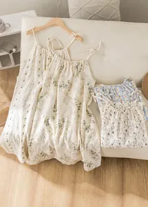 Detailed view of sweet floral and rabbit print double-layer cotton gauze nightgowns