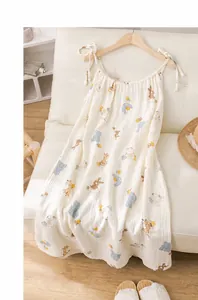 Detailed view of sweet cartoon print cotton gauze nightdress for summer comfort.