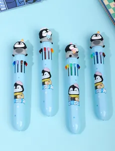 Détail de quatre jolis stylos bille 10 couleurs bleus avec figurines de manchots