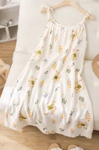 Sweet floral squirrel print cotton gauze strap nightgown displayed on a wooden hanger