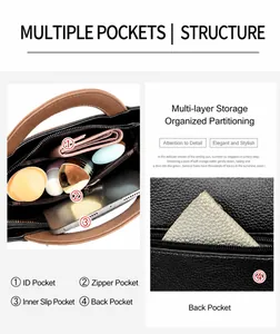 Detailansicht der mehrlagigen Innenstruktur und Rücktasche der schwarzen Lederhandtasche.