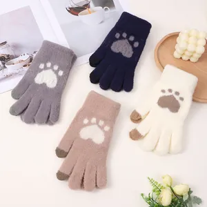 Damen Winter Warm Nerzimitat Strickhandschuhe Süß Cartoon Katzenpfote Jacquard Touchscreen Vollfinger Fäustlinge Studenten