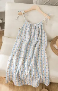 Detail of sweet floral pattern on breathable double-layer cotton gauze strap nightdress