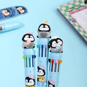 Stylo à bille multicolore 10-en-1 mignon pingouin de dessin animé pour étudiants