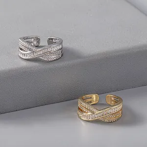 Fashion INS Style Copper Criss Cross X-Shaped Adjustable Open Ring For Women With Zirconia Gold Silver Plated Elegant Jewelry