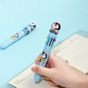 Stylo bille multicolore 10-en-1 mignon avec pingouin de dessin animé pour l'école