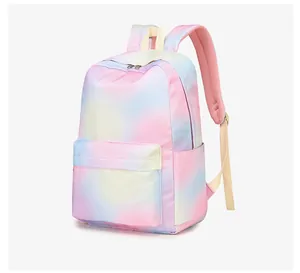 Mochila escolar para estudiantes con degradado de arco iris pastel y bolsillo frontal