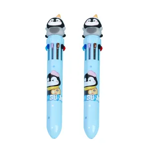 Stylo bille multicolore 10 en 1 mignon pingouin de dessin animé pour l'école primaire