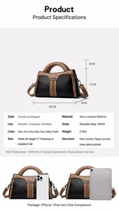 Detaillierte Maße der eleganten Damen-Handtasche mit iPad- und Handy-Größenvergleich
