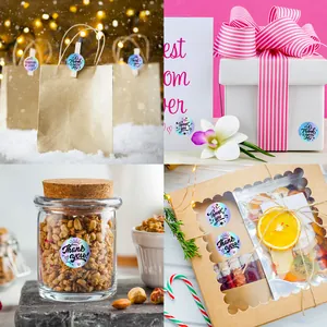 Nahaufnahme holografischer Dankeschön-Aufkleber auf Geschenkschachteln und Gläsern.