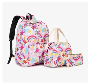 Set escolar de 3 piezas para estudiantes con estampados de estrellas y arcoíris en rosa