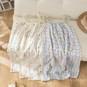 Summer sweet floral and striped double-layer cotton gauze spaghetti strap nightdresses for women