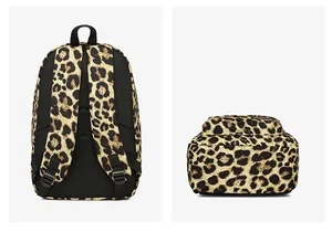 Vistas detalladas de las correas traseras y la estructura de la mochila de leopardo