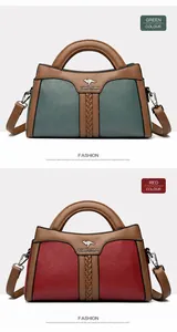 Zweifarbige Anzeige eleganter Lederhandtaschen mit Känguru-Logo und strukturierter Oberfläche