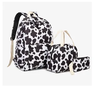 Conjunto casual de 3 bolsas con estampado de vaca: mochila, lonchera y estuche