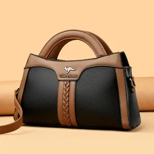Elegante Damen PU Leder Handtasche Lychee Textur Farbblock Griff Umhängetasche Große Kapazität Pendler Tasche