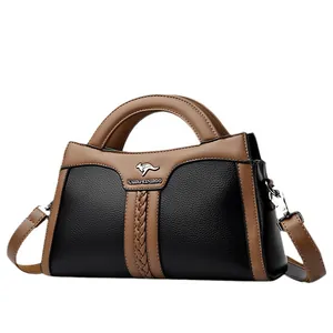 Elegante zweifarbige Lederhandtasche für Damen mit Känguru-Logo und Umhängeriemen