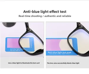 Anti-blue light test for small square frame glasses demonstrating lens protection.