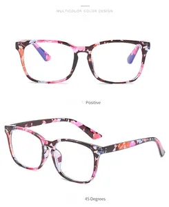 Detailed macro views of square frame blue light blocking glasses with floral patterns