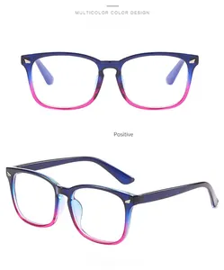 Detail view showing the front and side profile of gradient blue-pink anti-blue light glasses