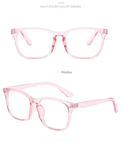 Pink transparent square anti-blue light glasses shown in front and side views.